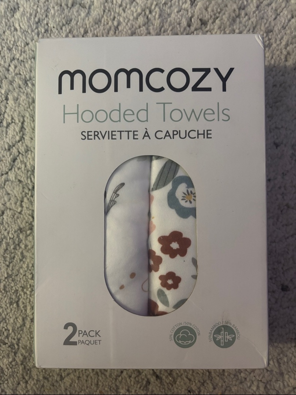 MOMCOZY Floral And White 2 Pack Of Bamboo And Cotton Hooded Baby Bath Towels